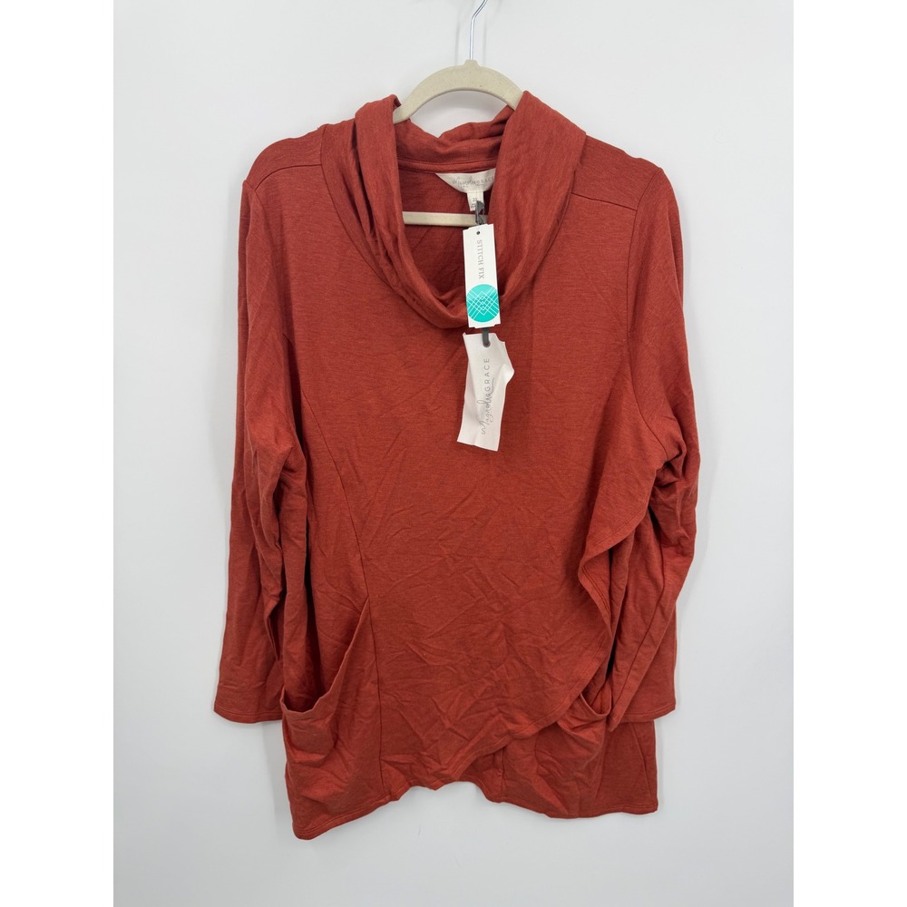 Magnolia Grace Paedia Tulip Hem Cowl Neck Top Women 2X Burnt Orange French Terry